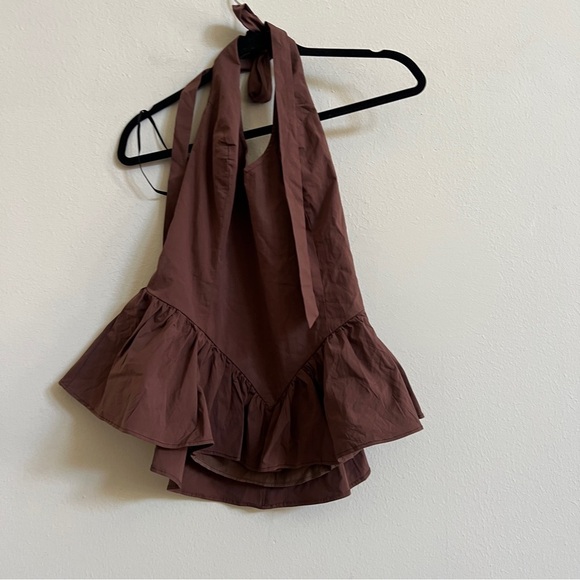 Lulus Casually Exquisite Brown Ruffled Halter Peplum Top - Picture 2 of 3
